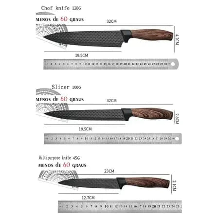 Conjunto de três facas de cozinha com lâminas 32cm e 23cm e cabo de madeira, medindo graus e comprimentos.
