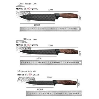 Conjunto de três facas de cozinha com lâminas 32cm e 23cm e cabo de madeira, medindo graus e comprimentos.