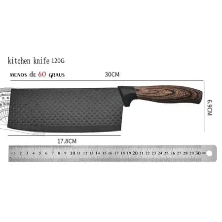 Faca de cozinha 30cm com lâmina texturizada e cabo de madeira, ao lado de régua para escala