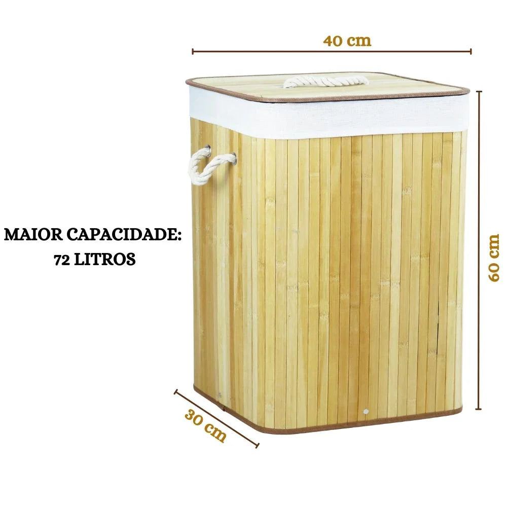 Cesto de roupa em bambu com capacidade de 72 litros, medindo 40x30x60 cm, com alças de corda