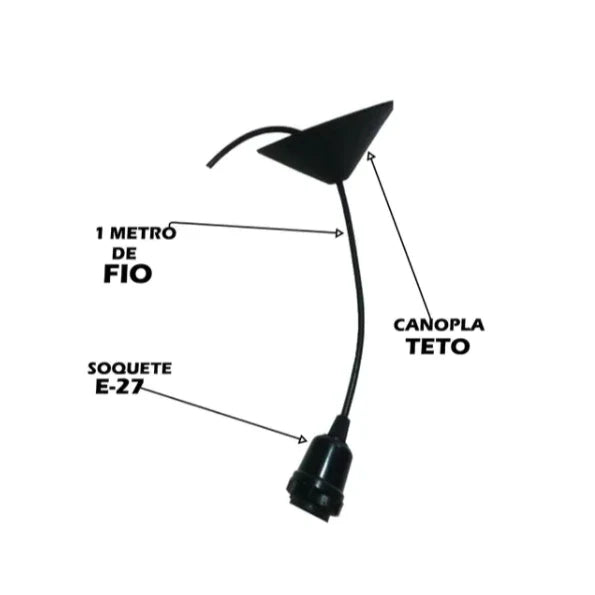 Soquete E-27 com 1 metro de fio e canopla para teto, suporte para lâmpada elétrica