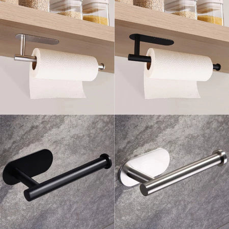 Suportes para papel toalha em metal preto fosco e inox, fixados sob prateleira e parede cinza