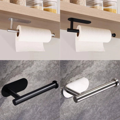 Suportes para papel toalha em metal preto fosco e inox, fixados sob prateleira e parede cinza