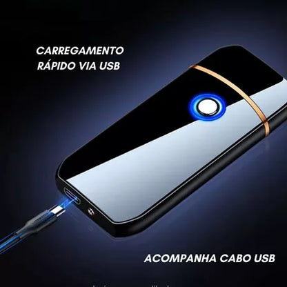 Lighter eletrônico preto com carregamento rápido via USB, acompanha cabo USB azul