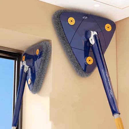 Limpa vidros de janela com design triangular azul, alça longa e cerdas cinza para cantos difíceis