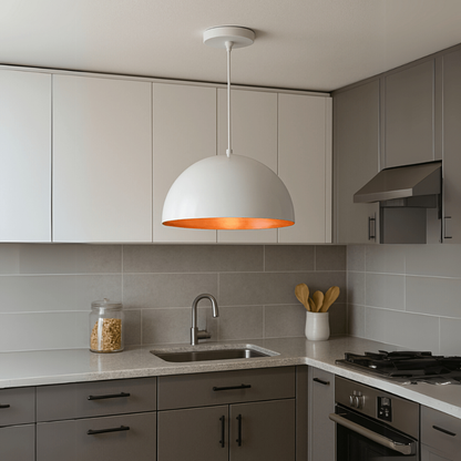 Lustre Meia lua 30cm Pendente Branco c/ Cobre Decoração Elegante