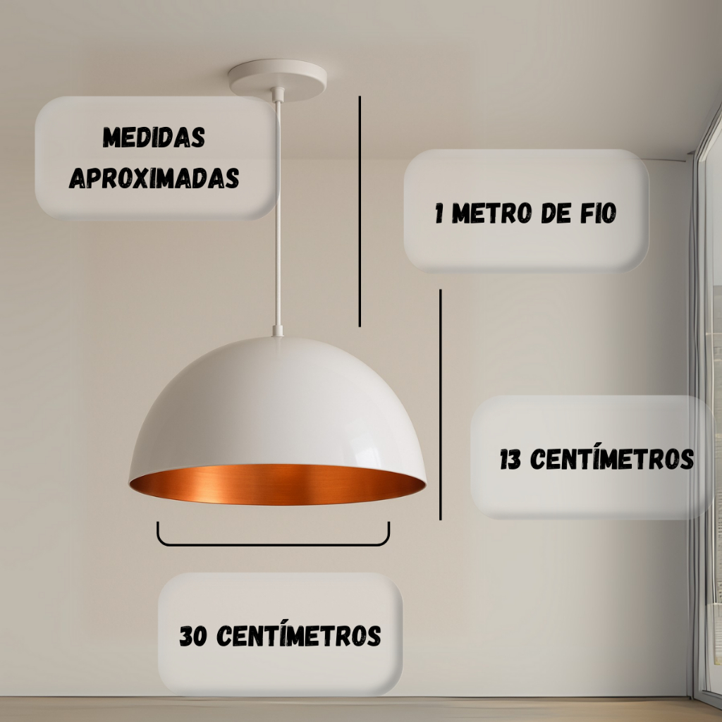Lustre Meia Lua 30cm Pendente Branco com Cobre