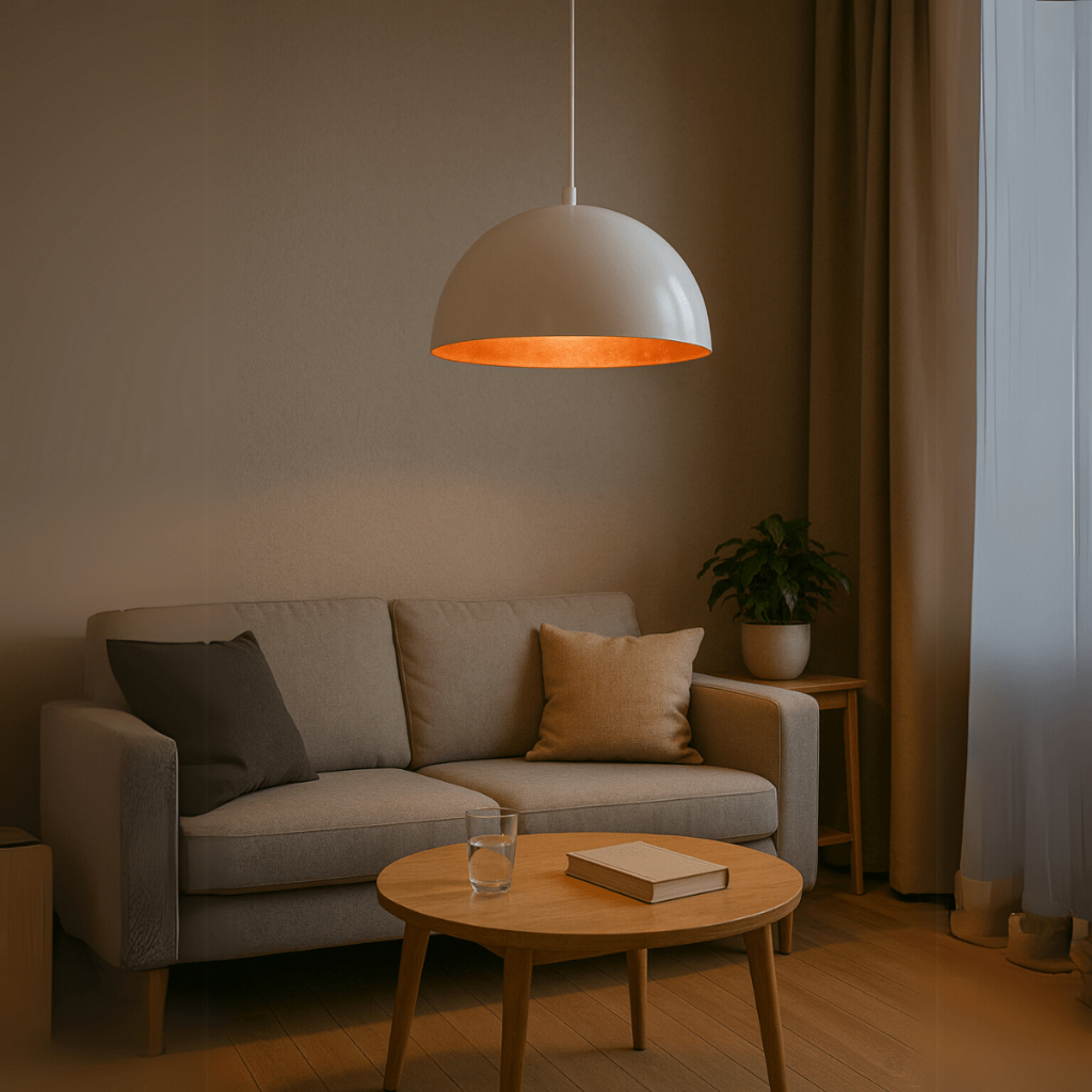 Lustre Meia lua 30cm Pendente Branco c/ Cobre Decoração Elegante