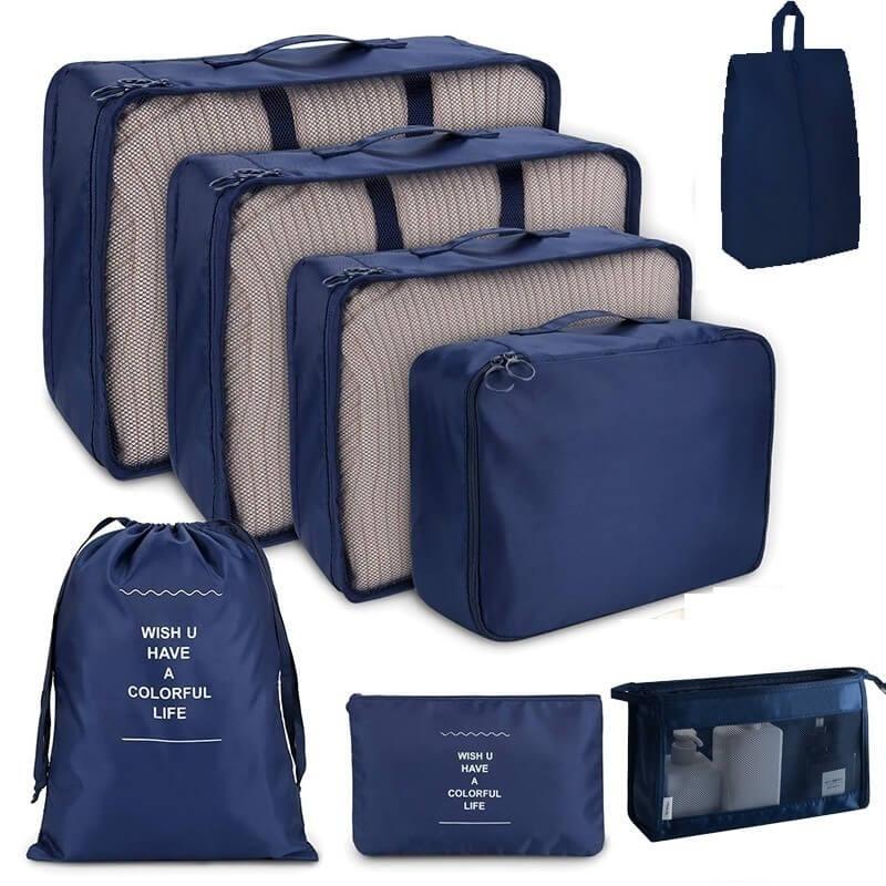 Conjunto de organizadores de viagem azuis com bolsas, sacos e estojo para roupas e acessórios