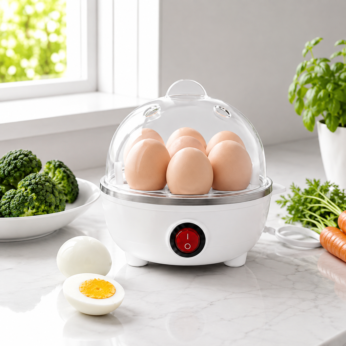 Cozedor elétrico de ovos e legumes branco com ovos cozinhando