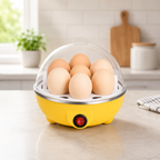 Cozedor elétrico de ovos amarelo em cozinha clara