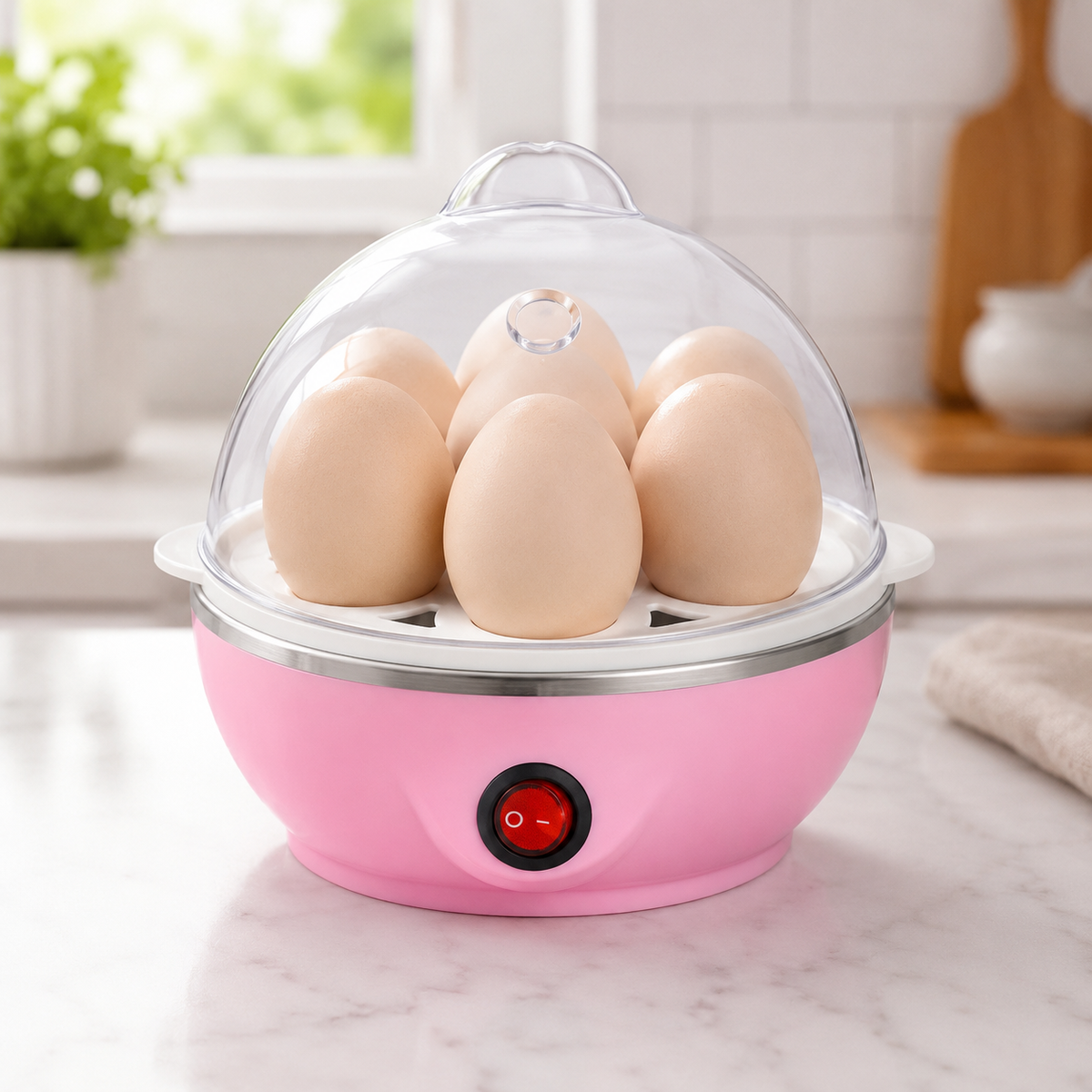 Cozedor elétrico de ovos rosa em cozinha clara