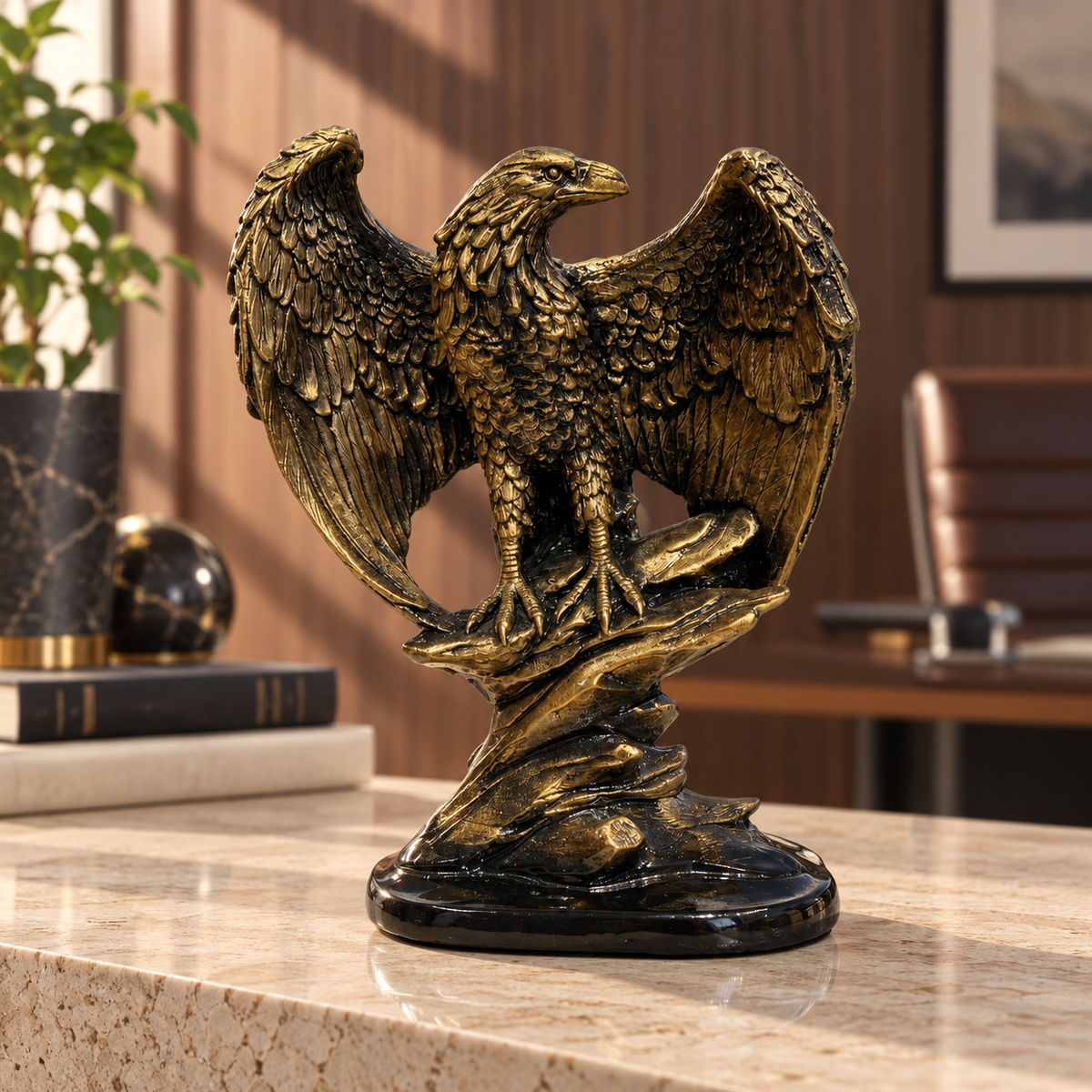 Escultura águia de asas abertas em ambiente sofisticado