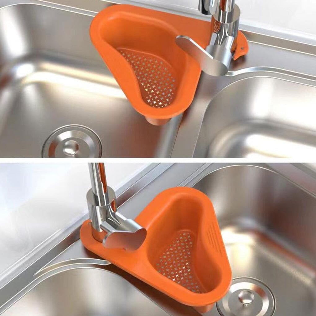 Filtro de lixo para pia de cozinha em silicone laranja, instalado ao redor da torneira na cuba de inox