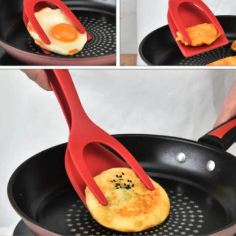 Espátula de silicone vermelha 2 em 1 Flipmaster manuseando ovo e pão na frigideira antiaderente