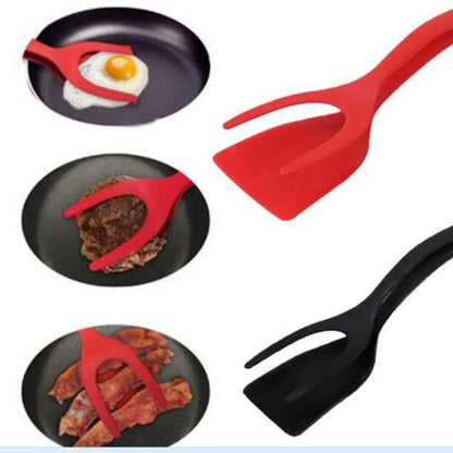 Espátulas de silicone vermelha e preta 2-em-1 para virar ovos, hambúrguer e bacon em frigideiras