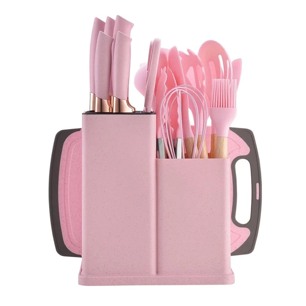 Kit de utensílios de cozinha rosa com facas, espátulas, fouet e tábua de corte, organizador multiuso