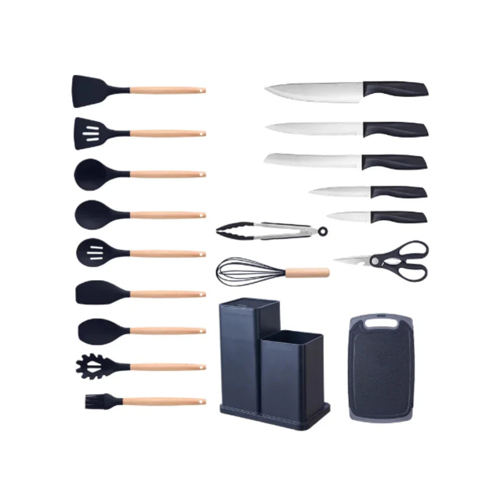 Kit utensílios de cozinha com espátulas, colheres, facas, tesoura, batedor, pegador, suporte e tábua de corte