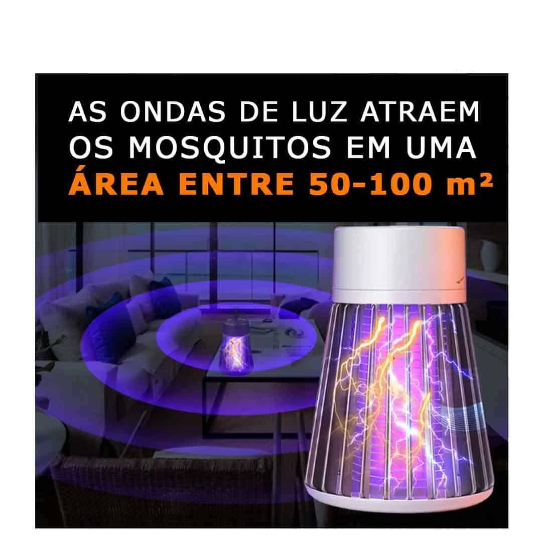 Lâmpada mata mosquitos ultravioleta em sala iluminada, alcance de 50-100 m², atrai insetos com ondas de luz