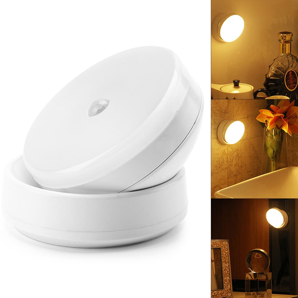Luz noturna LED branca com sensor PIR, luz ambiente quente, aplicada em paredes e móveis