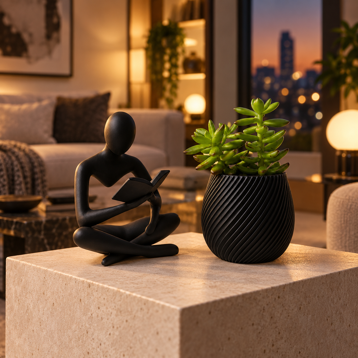 Estátua leitor com vaso na cor Preto