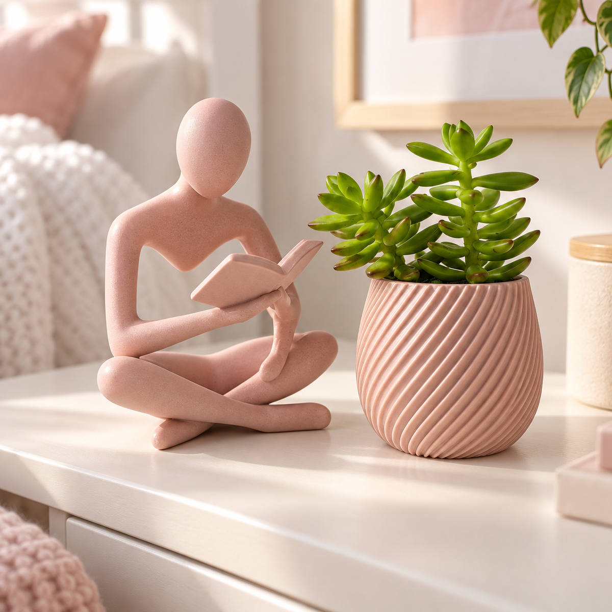 Estátua leitor com vaso na cor Rosa