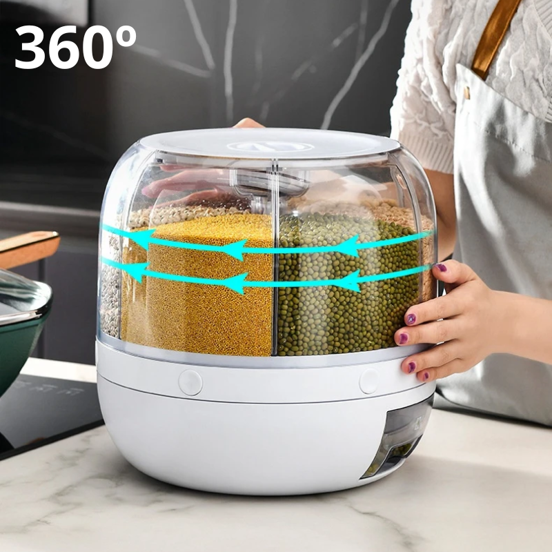 Dispenser rotativo de grãos com compartimentos transparentes, armazenando diferentes tipos de sementes na cozinha moderna