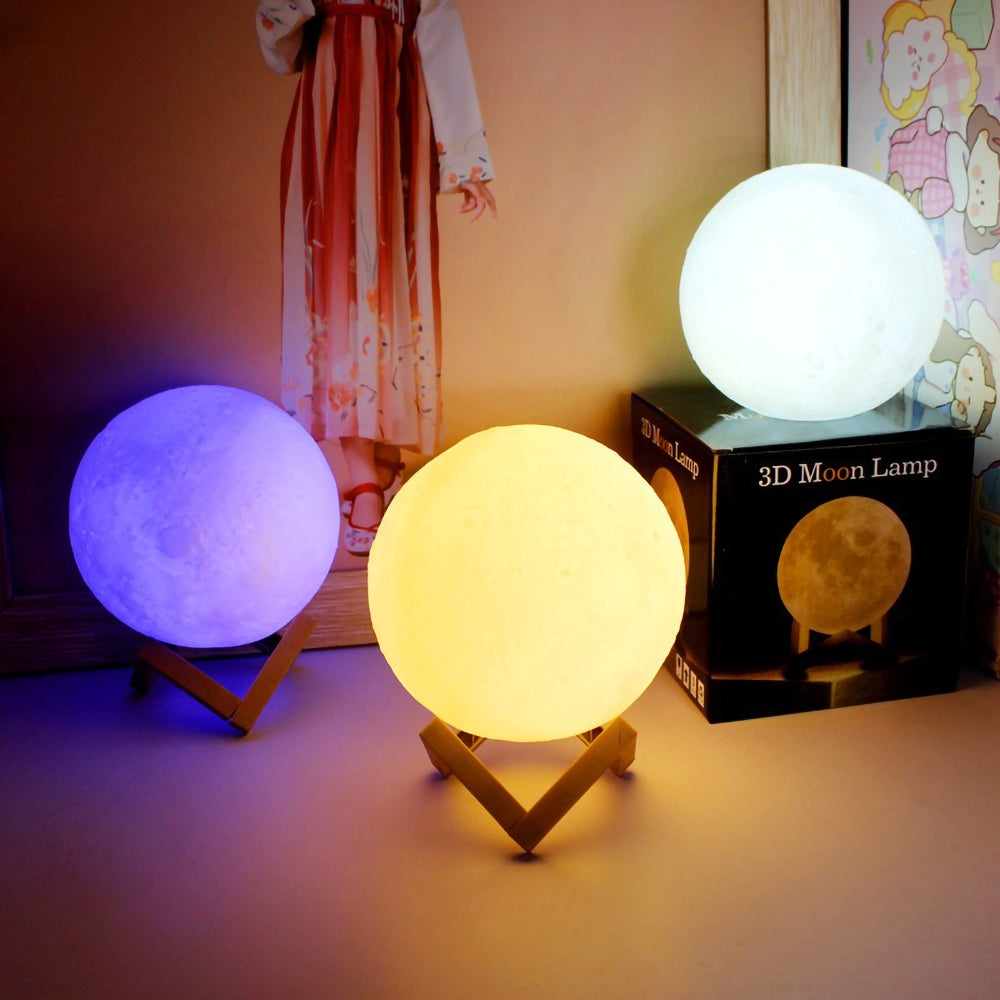 Lâmpadas 3D Lua coloridas em suportes de madeira, luz azul, amarela e branca, decoração ambiente