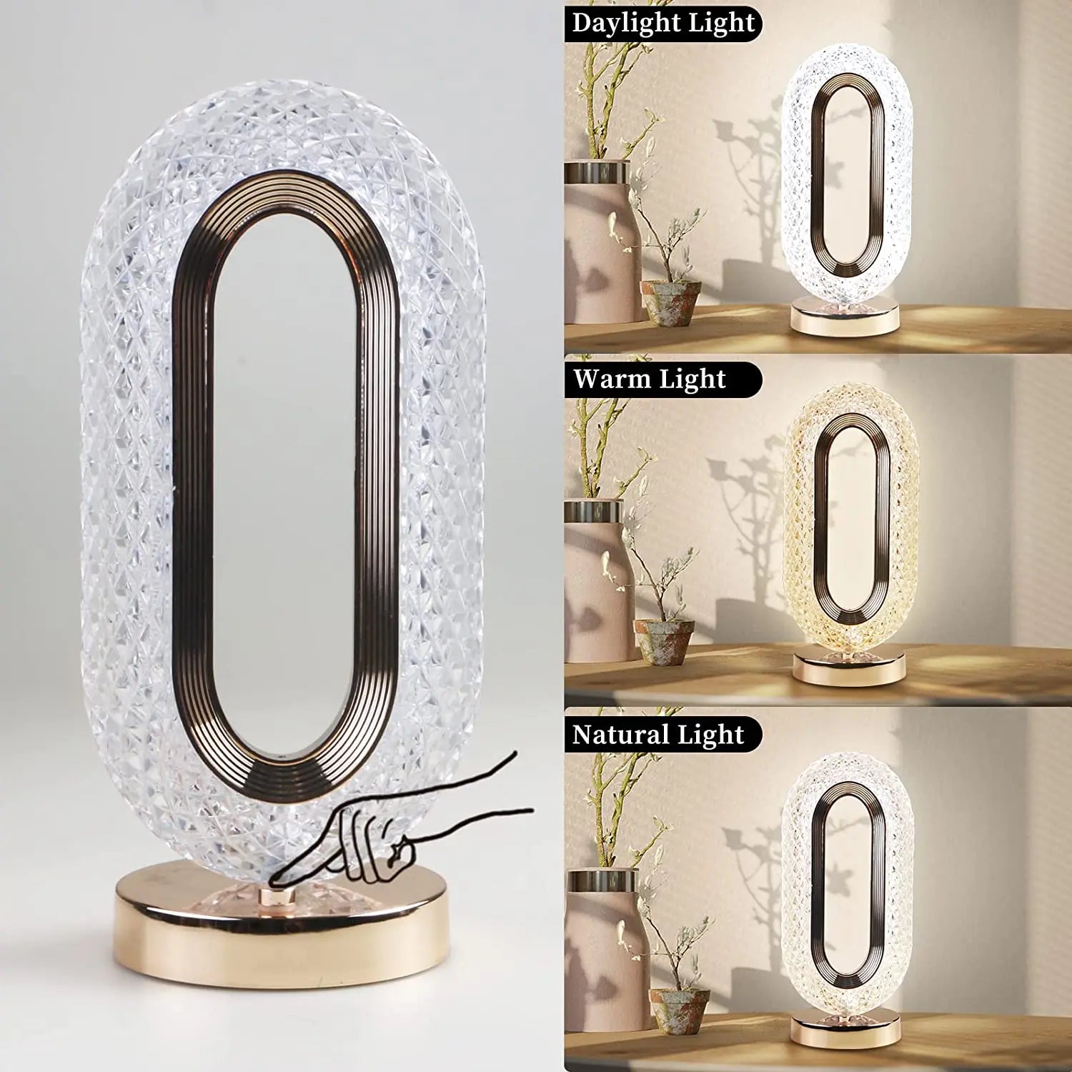 Luminária de mesa oval decorativa com base dourada, ajuste de luz daylight, warm e natural