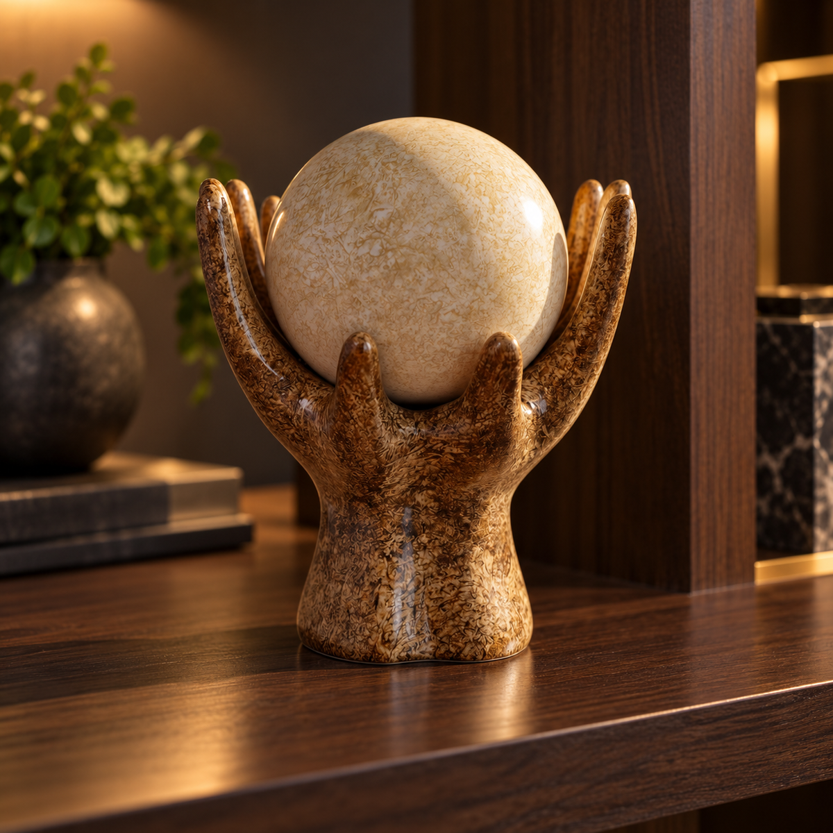 Mãos em cerâmica com esfera sobre aparador