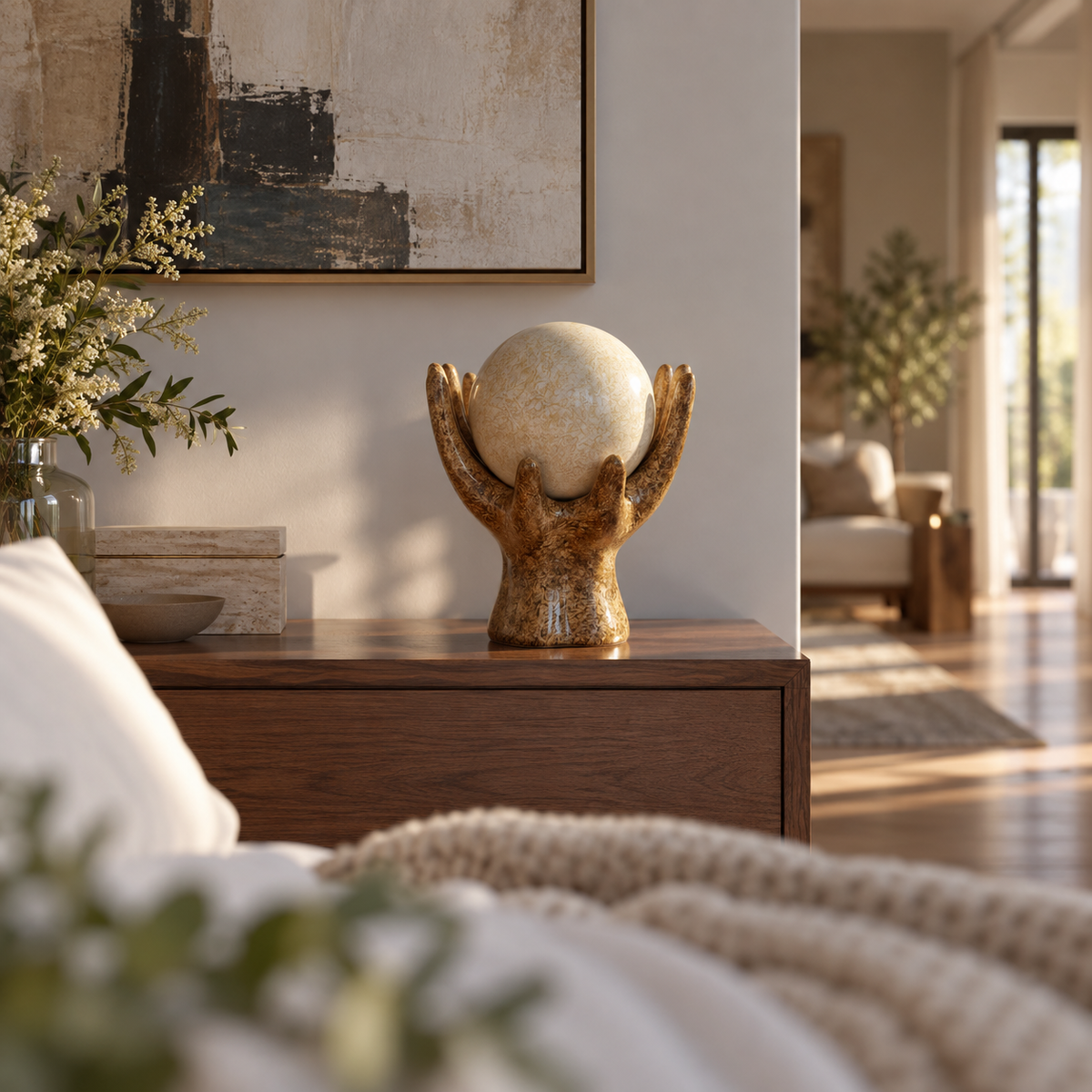 Estatueta mão com esfera em composição elegante