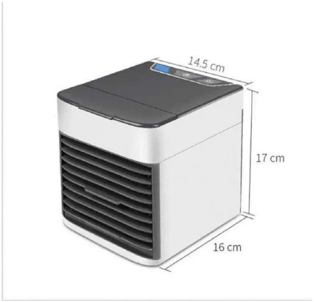 Mini ar condicionado portátil USB branco e preto, com medidas 14,5x16x17 cm e painel superior