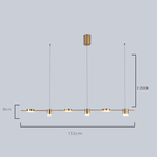 Lustre moderno dourado com cinco luzes pendentes e medidas, design minimalista para iluminação interior