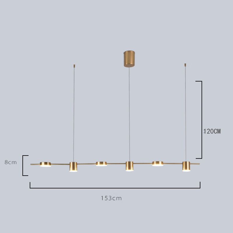 Lustre moderno dourado com cinco luzes pendentes e medidas, design minimalista para iluminação interior