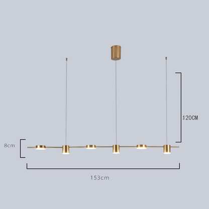 Lustre moderno dourado com cinco luzes pendentes e medidas, design minimalista para iluminação interior