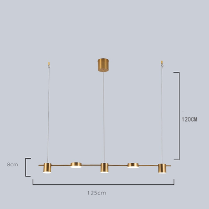 Luminária pendente moderna dourada com cinco pontos de luz, ideal para interiores minimalistas