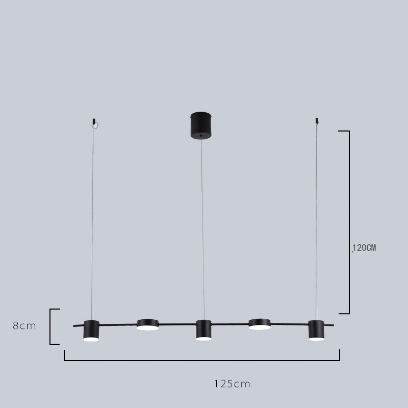 Luminária pendente linear preta com cinco spots circulares, suspensão por cabos, moderna e minimalista