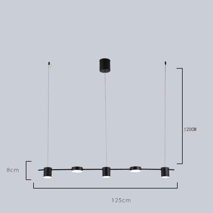 Luminária pendente linear preta com cinco spots circulares, suspensão por cabos, moderna e minimalista