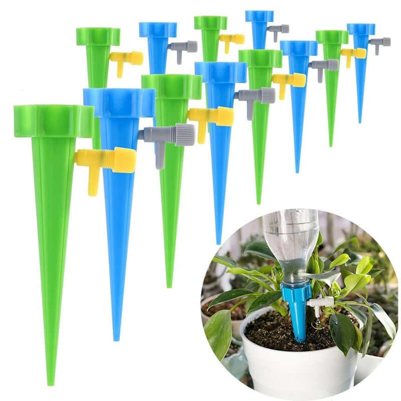 Irrigadores automáticos coloridos para plantas com válvula reguladora, cuidados e jardinagem