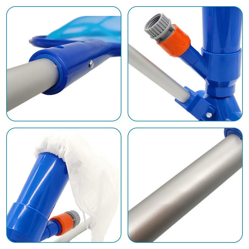 Detalhes do kit de limpeza para piscina ao ar livre com cabo cinza, encaixes azuis e laranja, e rede branca