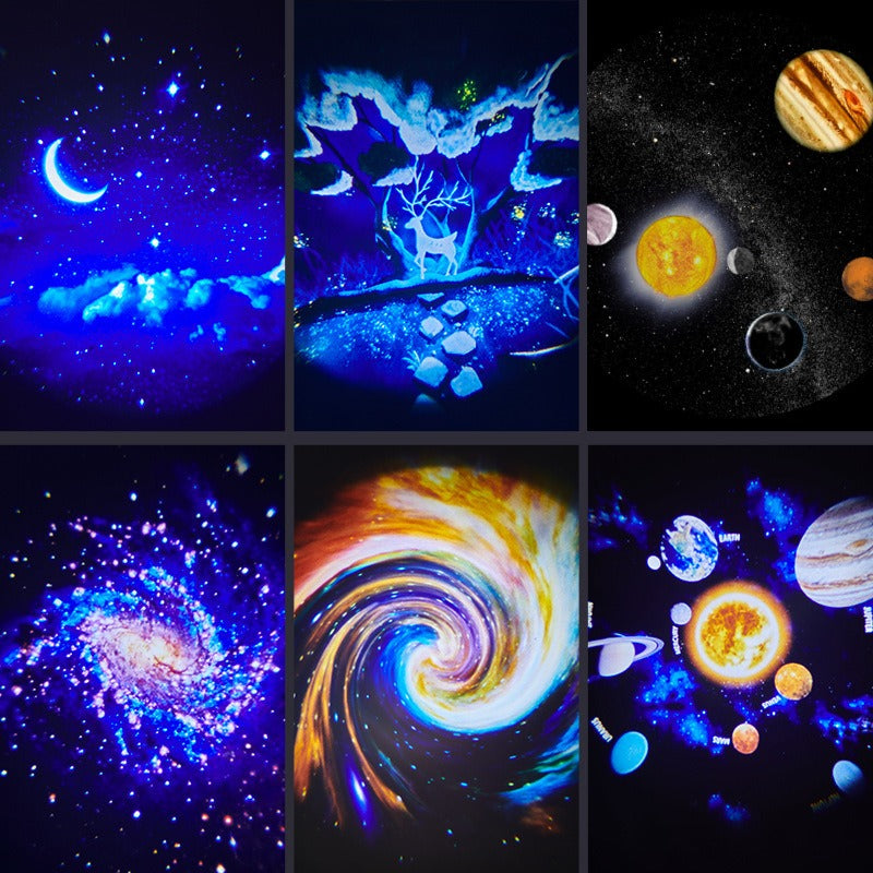 projetor de luz noturna com imagens de planeta, galáxia, lua crescente e veado em floresta estrelada