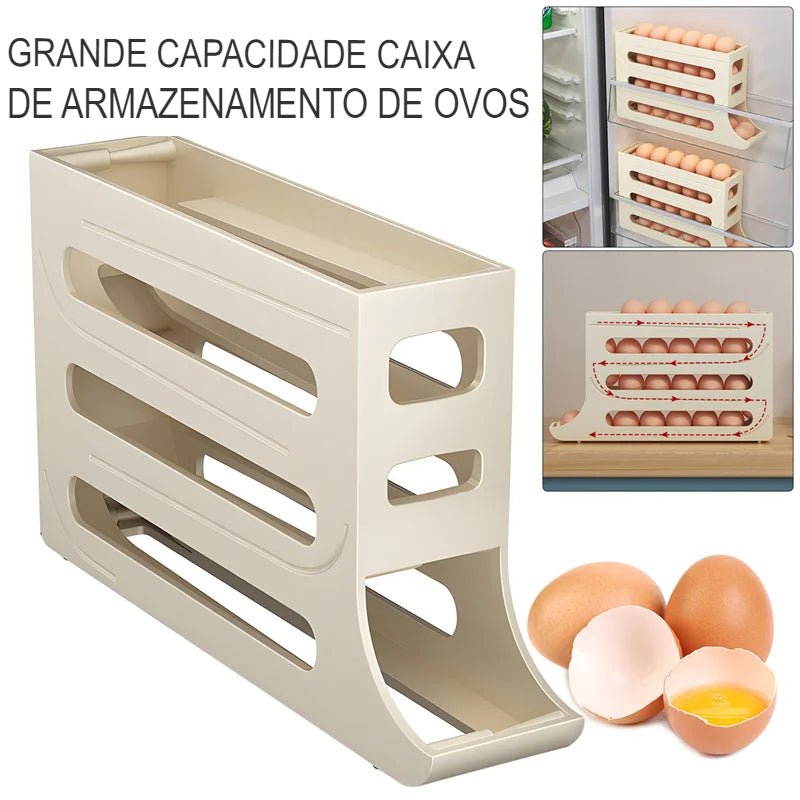 Porta-ovos de plástico branco para geladeira com rolamento automático e grande capacidade
