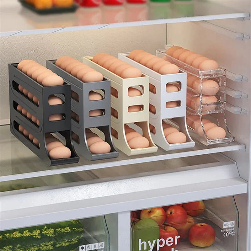 Porta-ovos para geladeira com rolamento automático em cinco cores, armazenando ovos organizados