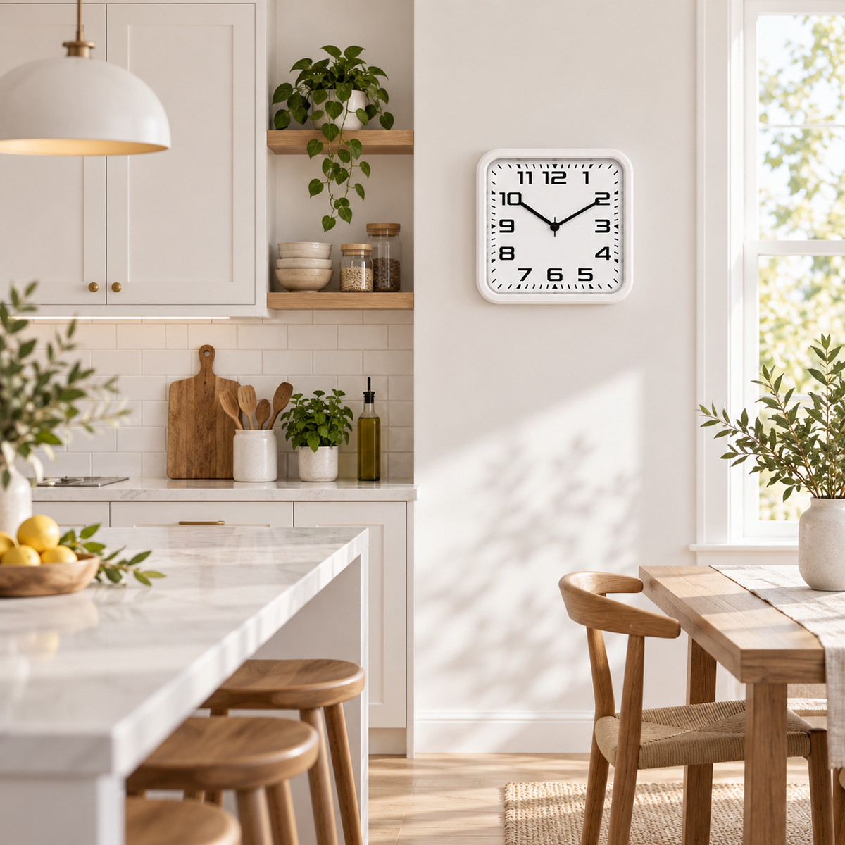 Relógio de parede quadrado Quartz Áureo branco em cozinha moderna visto de longe