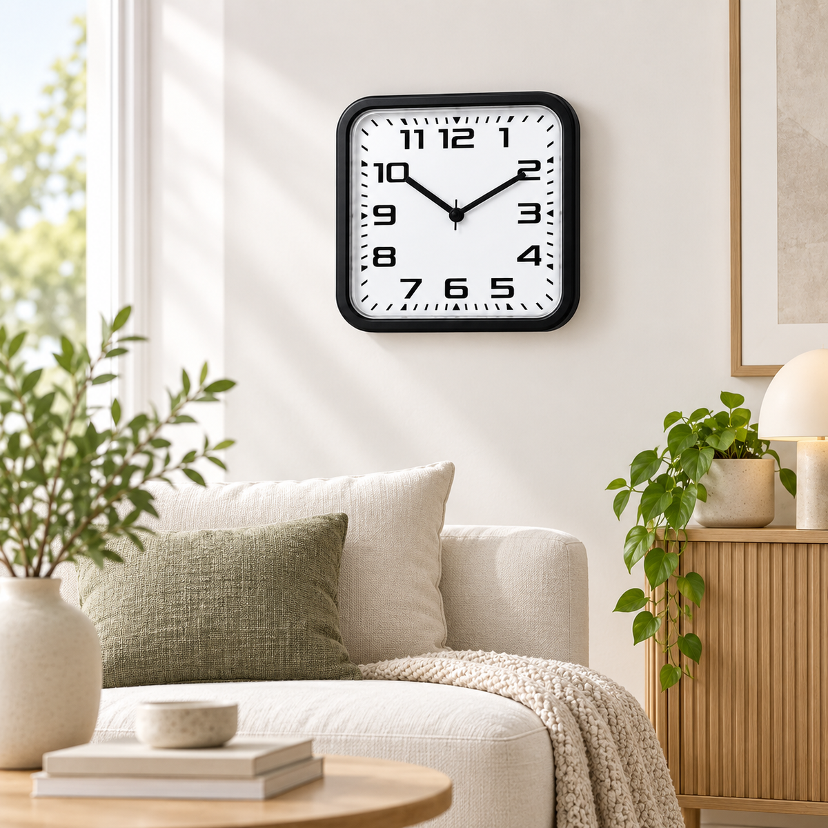 Relógio de parede quadrado Quartz Áureo preto em sala minimalista