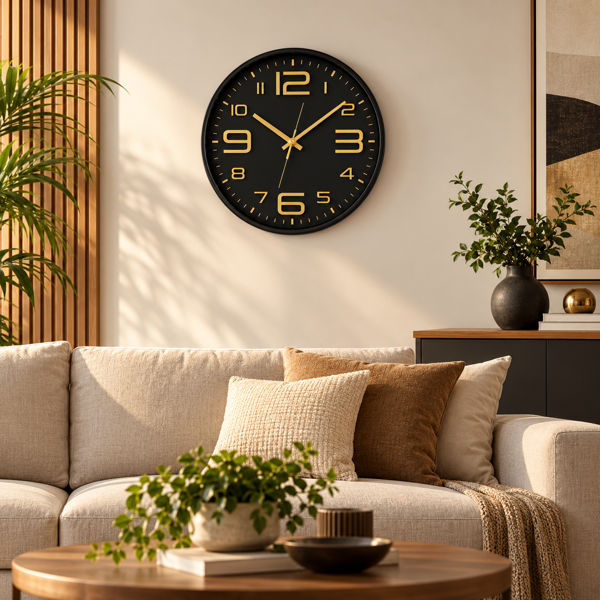 Relógio de parede Aurum preto com dourado em sala elegante, visto de longe