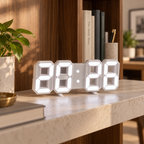 Relógio digital 3D LED branco em escritório