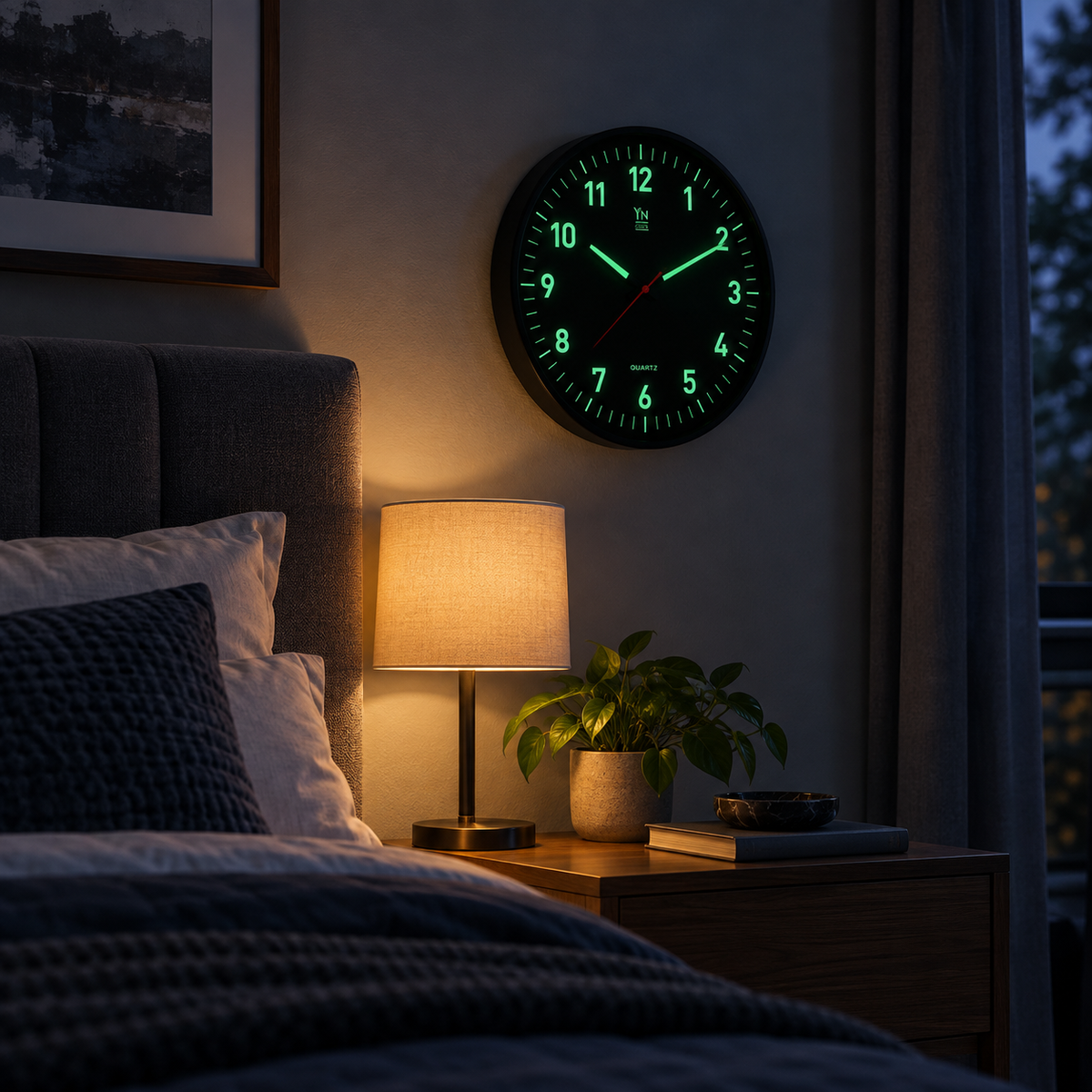 Relógio de parede luminoso brilhando no escuro em quarto