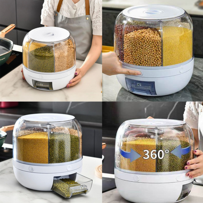 Dispenser rotativo 360° para grãos com compartimentos transparentes organizando lentilhas, milho e feijão