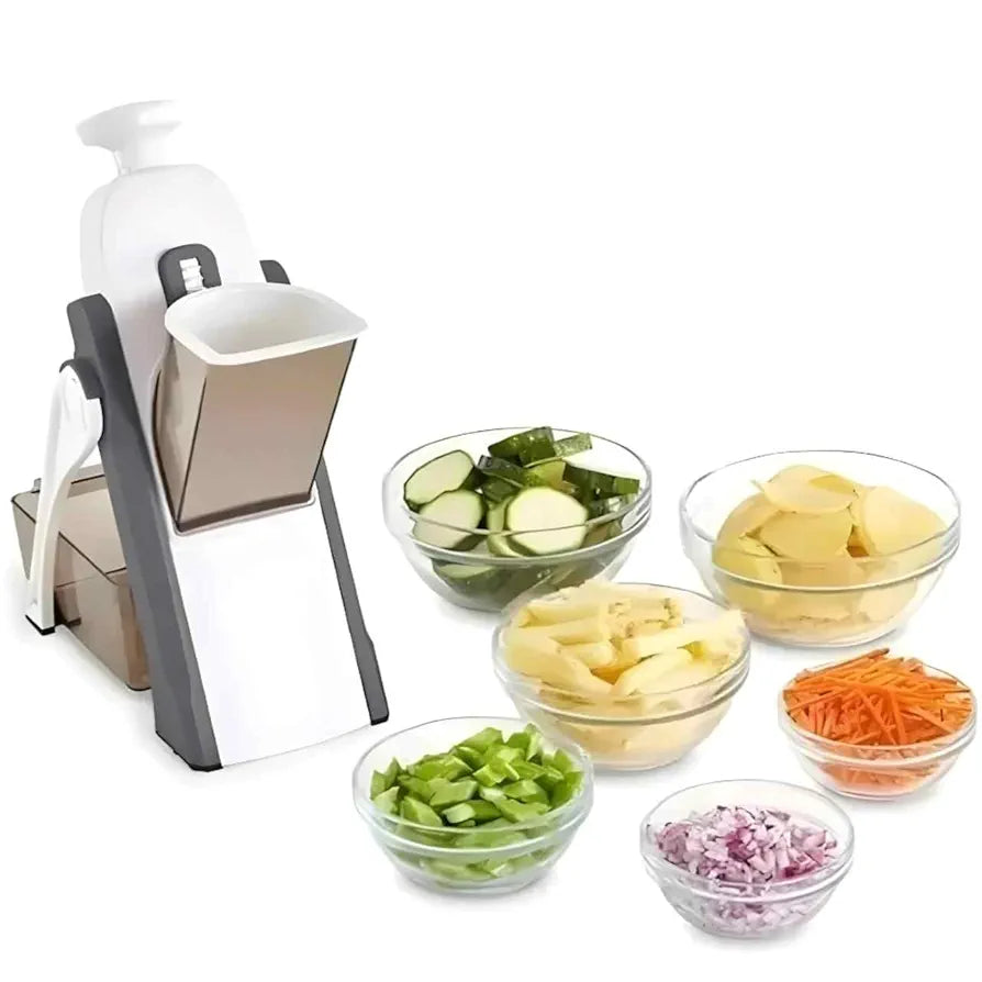 Ralador multiuso branco e cinza com tigelas de vegetais picados incluindo pepino, cenoura, cebola e batata